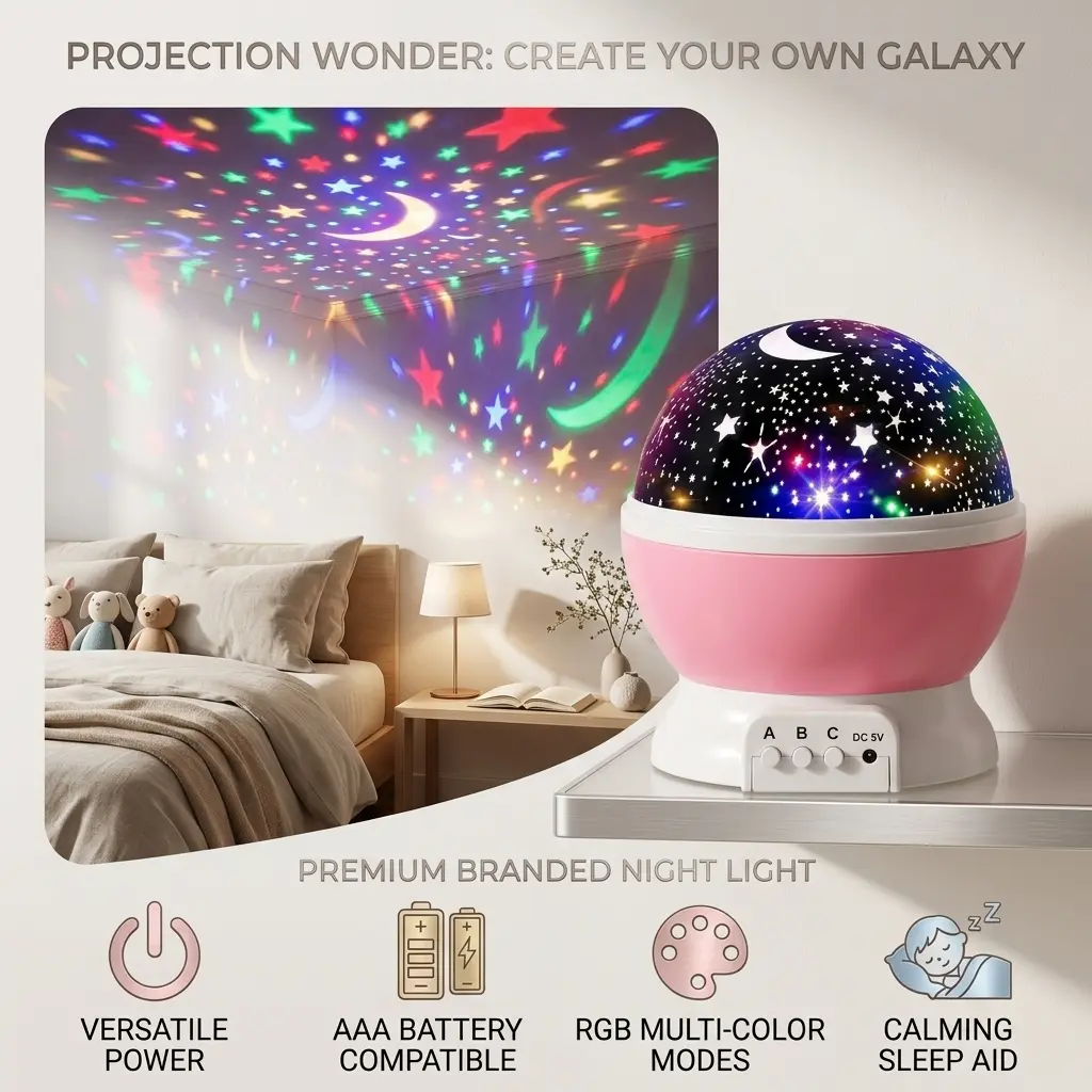 Z ZYLER MART Kids Nebula Night Light Projector - 360-Degree Rotation, 4 LED Bulbs, 12 RGB Colors, USB-Powered, Space/Party Lights, Ceiling Stars/Moon Display for Boys and Girls Aged 2 to 9+ Novelty Mood Lamp Gift