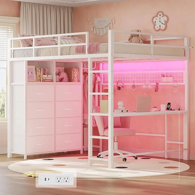 SIKAIC Full Size Loft Bed with Desk and 8 Storage Drawers, LED Metal Loft Bed Frame with Power Outlet, Shelves and Clothing Rack for Space Saving Bedroom
