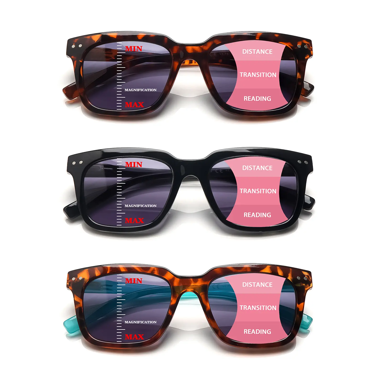 3-Piece Progressive Multifocal Blue Light Blocking Reading Sunglasses, Suitable For Men And Women. Features Spring Hinges For a Comfortable Fit Across Various Face Shapes.