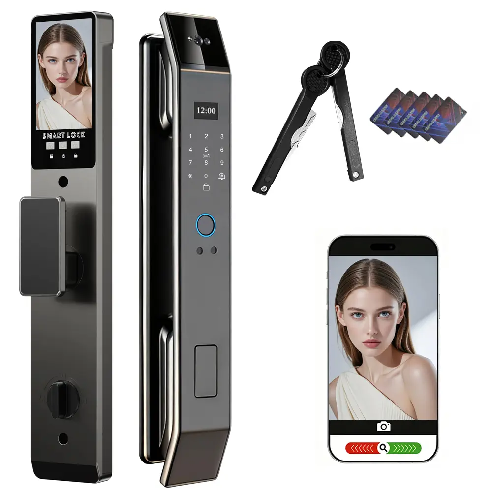 3D Face Recognition Electronic Digital Door Lock with Alloy Body, Camera, Intercom, Doorbell, Fingerprint Keyless Entry, Password, IC Card, Key, Tuya App Control, Smart Home Gadgets, Front Door Lock Security