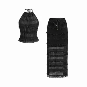 Cider Jacquard Textured Ruffled Top & Mid Rise Bodycon Maxi Skirt Set