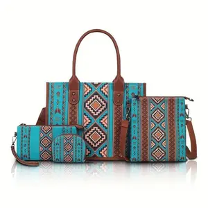 Canvas Handbag Set, 4 Pieces with Adjustable Shoulder Strap, Zipper Closure, Edge Paint Details, Including Wallet, Hand Wash/Dry Cleaning, Random Printing Design, Large Capacity, Suitable for Travel and Gifts(Sheet)