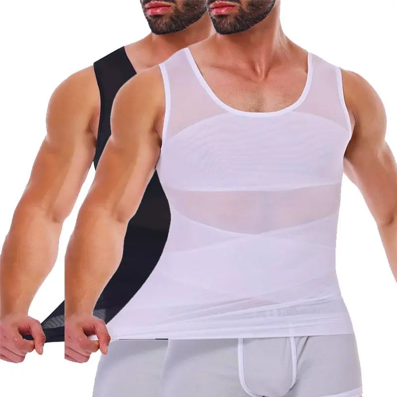 Men's High-Stretch Shapewear Vest - 1/2/3 Pack Double-Layer Mesh Compression Underwear, Elastic Spandex, Tummy Control, Chest Shaping, Muscle Support, Solid Color Sport Top for Running, Gym Workouts