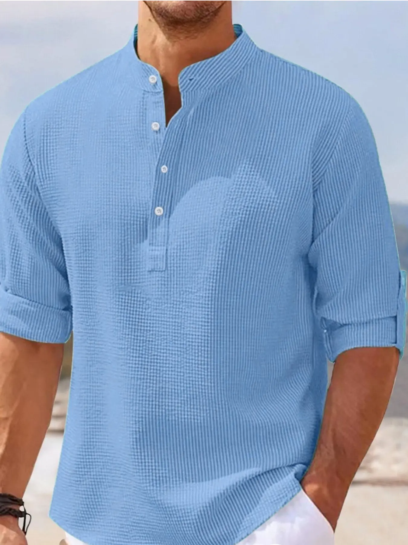 Men's Regular Fit Solid Color Waffle-Knit Jacquard Long Sleeve Tee, Casual Comfy Button-Front with Roll-Up Sleeves, Menswear