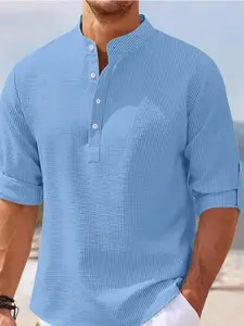 Men's Regular Fit Solid Color Waffle-knit Jacquard Long Sleeve Tee, Casual Comfy Button-front Shirt with Roll-Up Sleeves, Stylish Everyday Wear for Modern, Tops