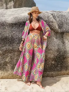 Two-Piece Set Women's Boho Outfits, Summer Clothes Women, Ethnic Pattern Kimono & Wide Leg Pants Set, Open Front Top with Palazzo Pants Clothing Set