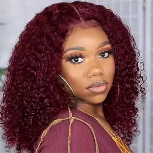 99J Burgundy Wear Deep Wave Bob Wig 13x4 Lace Closure Glueless Wigs Human Hair Pre Plucked Pre Cut 180% Density Short Curly Human Hair Bob Wig for Black Women (Burgundy Wig, 12in)