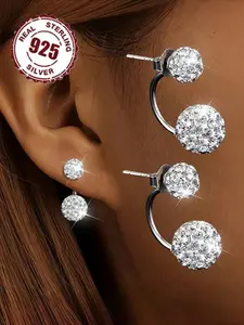 S925 Sterling Silver Fashion Ball Earrings, Hanging Style, Half-wrapped, Blingbling, Shiny, Daily Versatile, Suitable for Parties and Banquets