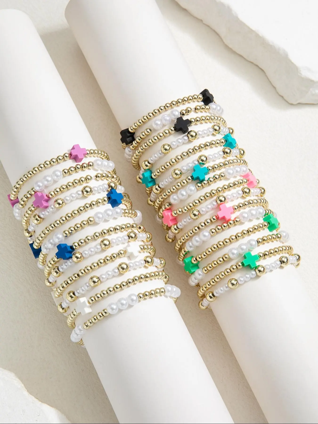 Colorful Cross Charm Decor Beaded Bracelet Set, Layered Bracelet Set, Fashion Jewelry for Party, Daily Clothing Decor, Trendy All-match & Exquisite Jewelry for Birthday Gift