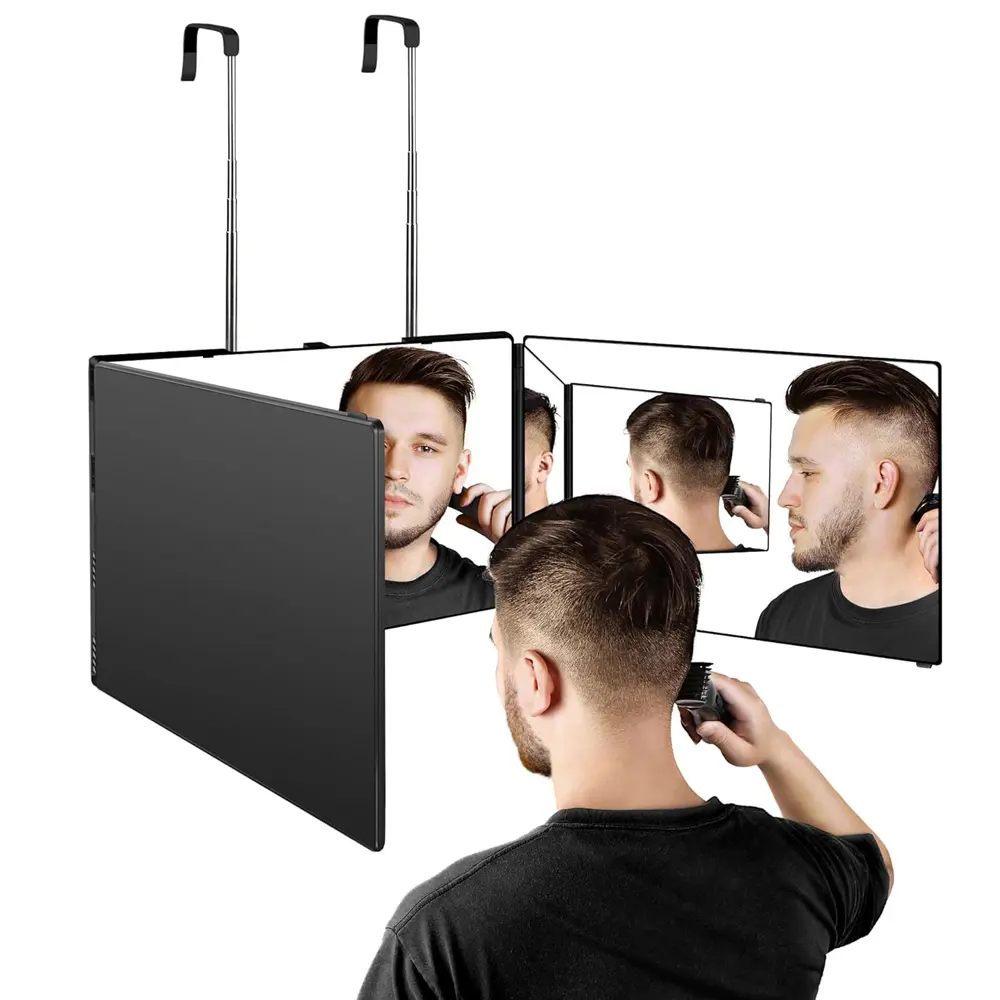 Portable Adjustable Trifold Mirror with Extensible Hook, Tri Folding Mirror, Essential for DIY Haircut and Makeup, Easy to Carry, Three Fold Mirror
