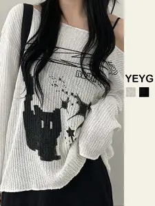 Summer Fashion Vintage Lazy Style Streetwear Womenswear Sexy Off-Shoulder Animal Print Printed Long Sleeve Fabric T-Shirt, Slim Fit Casual Top for Women