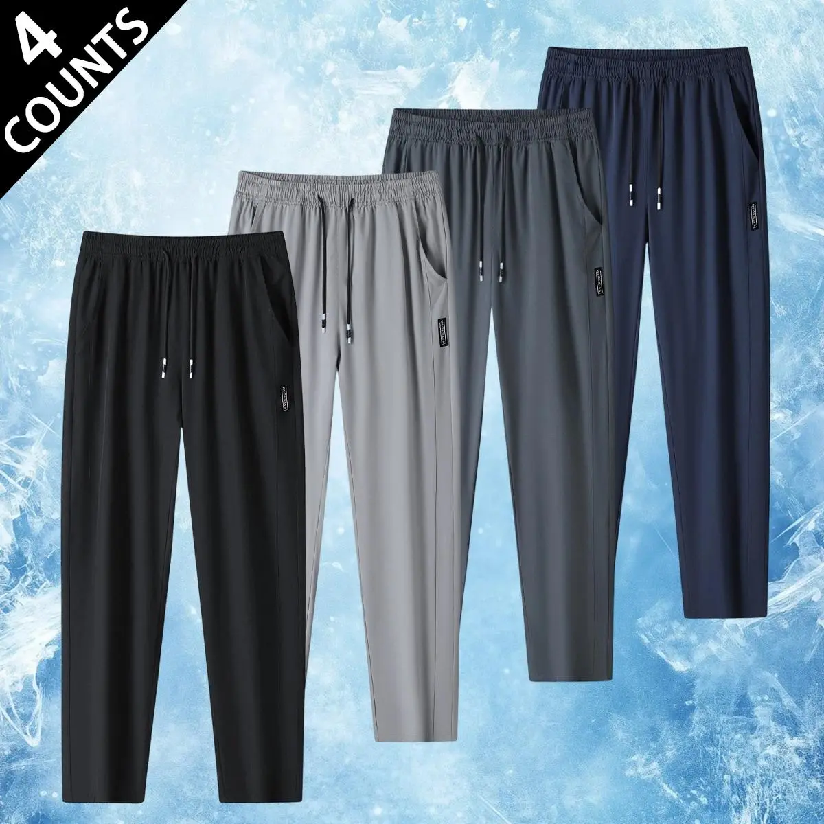 Men's 4-Piece Elastic Waistband Drawstring Long Pants - Athleisure, Flexible, High-Stretched, Breathable, Expandable, Quick-Dry for Summer Daily Wear & Light Sports, All-Day Comfort & Easy Movement, Athleisure Men's Pants, Flexible Men's Pants