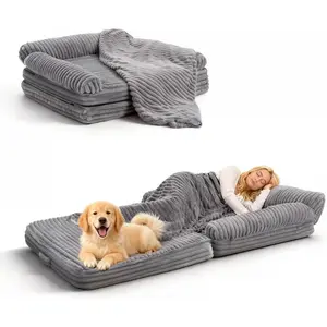 Foldable Human Dog Bed for Adult, Fluffy Faux Angora Human Sized Pet Bed with Blanket, Orthopedic Dog Bed with Egg Foam and Water Repellent Liner (Light Grey (Foldable), 72" Length)
