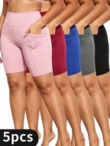 Women's Plus Size Workout Biker Shorts 5-Pack - Highly elastic, side phone pockets, non-see-through for yoga and running summerwins