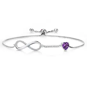GEM STONE KING 925 Sterling Silver Heart Tennis Bracelet for Women, Elegant Infinity Design with 6mm Birthstone & Moissanite, Adjustable, Elegant Jewelry Bracelet, Heart Tennis Bracelets