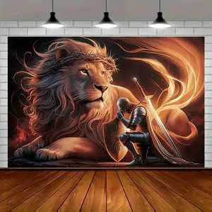 Modern Farmhouse 1pc Armor of God Lion Warrior Prayer Amber Glow Polyester Banner - 75gsm Durable Wall Decor for All Seasons, Room and Party Background Decoration, Lion Wall Decor Ornaments