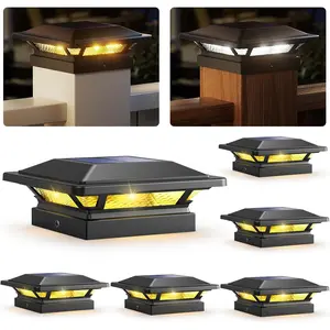 4x4 Solar  Cap Lights 16 LEDs 2 Modes 3.5x3.5 4x4 Wooden Vinyl  Light  Outdoor for Deck Fence Patio Garden Decor, Warm/Cool White (6 Pack, Black)