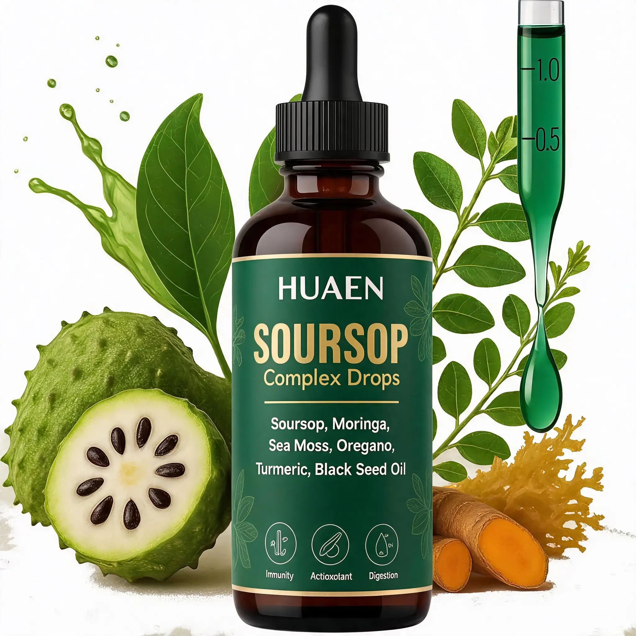 HUAEN Soursop Bitters 10-in-1 Herbal Drops - Antioxidant Boost, Plant-Based Vegan Friendly Supplement with Nori, Moringa, Turmeric, Black Seed Oil, Oregano, Ashwagandha Extracts - 2 fl oz Natural Dietary Healthcare Edible Vitamin ，No artificial pigments,
