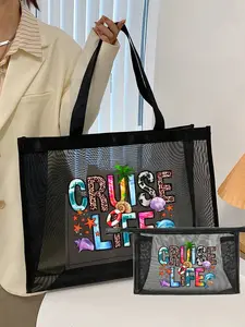 Mesh Shoulder Bag with Decorative Patterns, Leopard Print Tote, Set, Large Capacity, Suitable for Shopping and Commuting, Ideal as Beach Bag, Gift Idea for Family