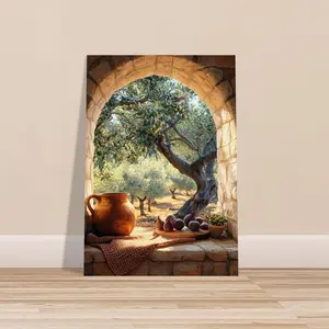 Palestinian Art, Mediterranean Olive Grove Wall Decor, Arch Window Print, Rustic Coastal Landscape Artwork, Middle Eastern Inspired Home Aesthetic, Vintage Nature Scene Print