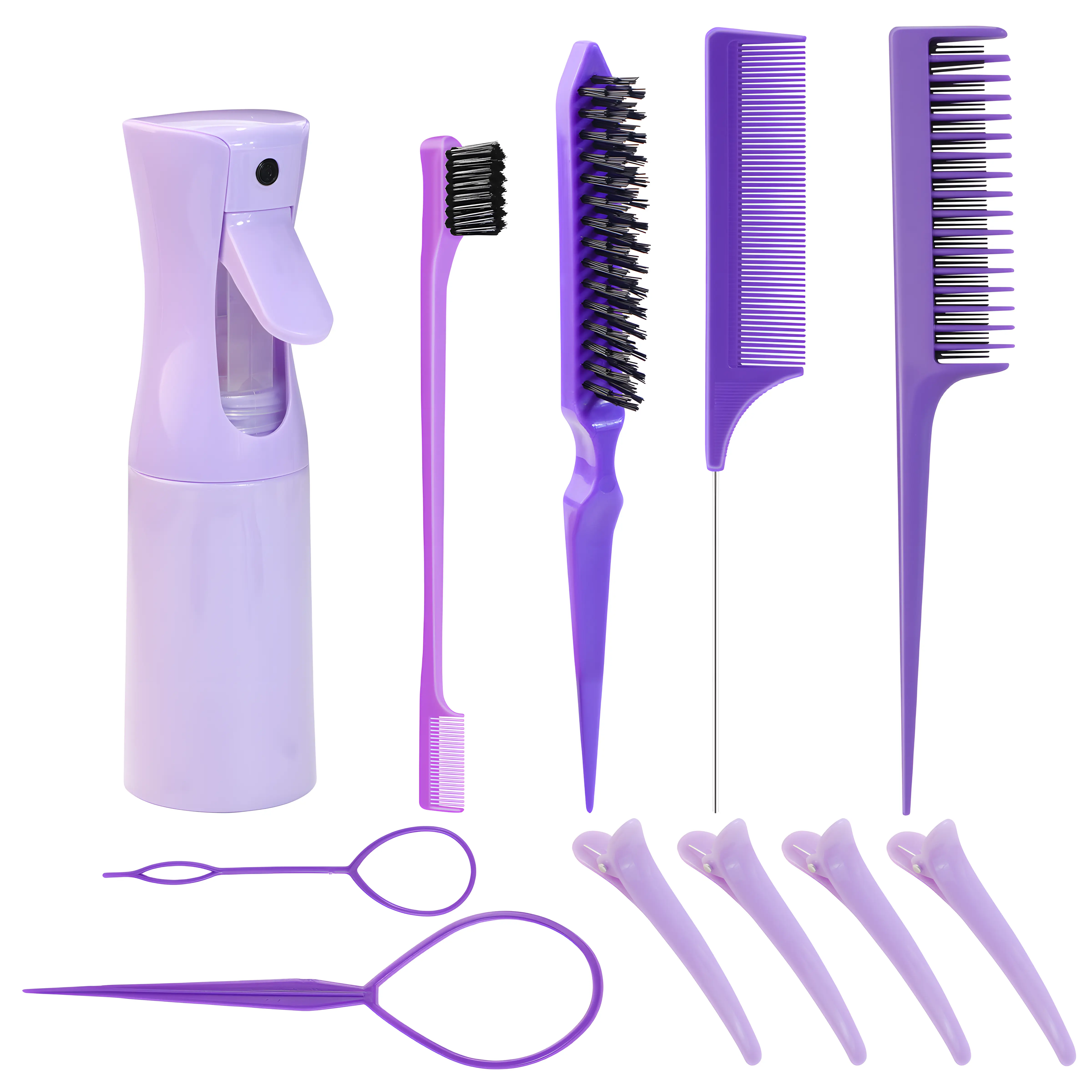 Purple 11pcs Hair Styling Comb Set, Hair Styling Brush Set,Including Hair Comb, Spray Bottle, Eyebrow Brush, Rat Tail Comb, Professional Durable,Portable & Suitable Hair Salon Tools &Accessories for All Hair Types Wet Dry Adults Children Hair Care Kit