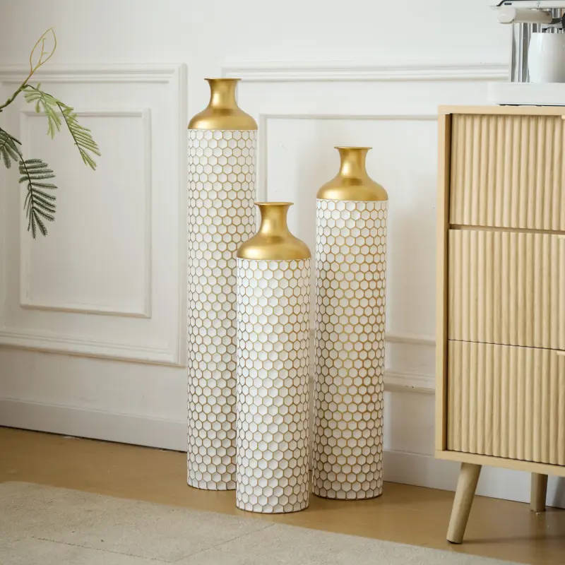 3-Piece Tall Modern Droplet-Shaped White Glaze Glossy Polished Metal Floor Vases Set, Indoor Furniture, Glam Home Decor Accessory, 15.2 lbs Gold-Accent Elegant Display Centerpieces, Indoor Decor Decoration