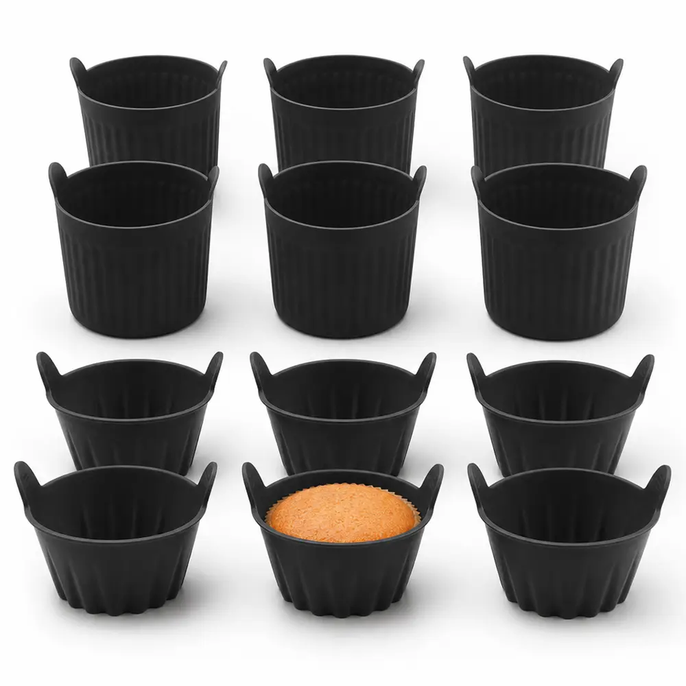 12Pcs Dual Handle Silicone Air Fryer Cake Cups Reusable Non-Stick Muffin Molds Heat Resistant Baking Liners for Cupcakes Crème Brûlée Egg Bites Home Kitchen Baking Accessories