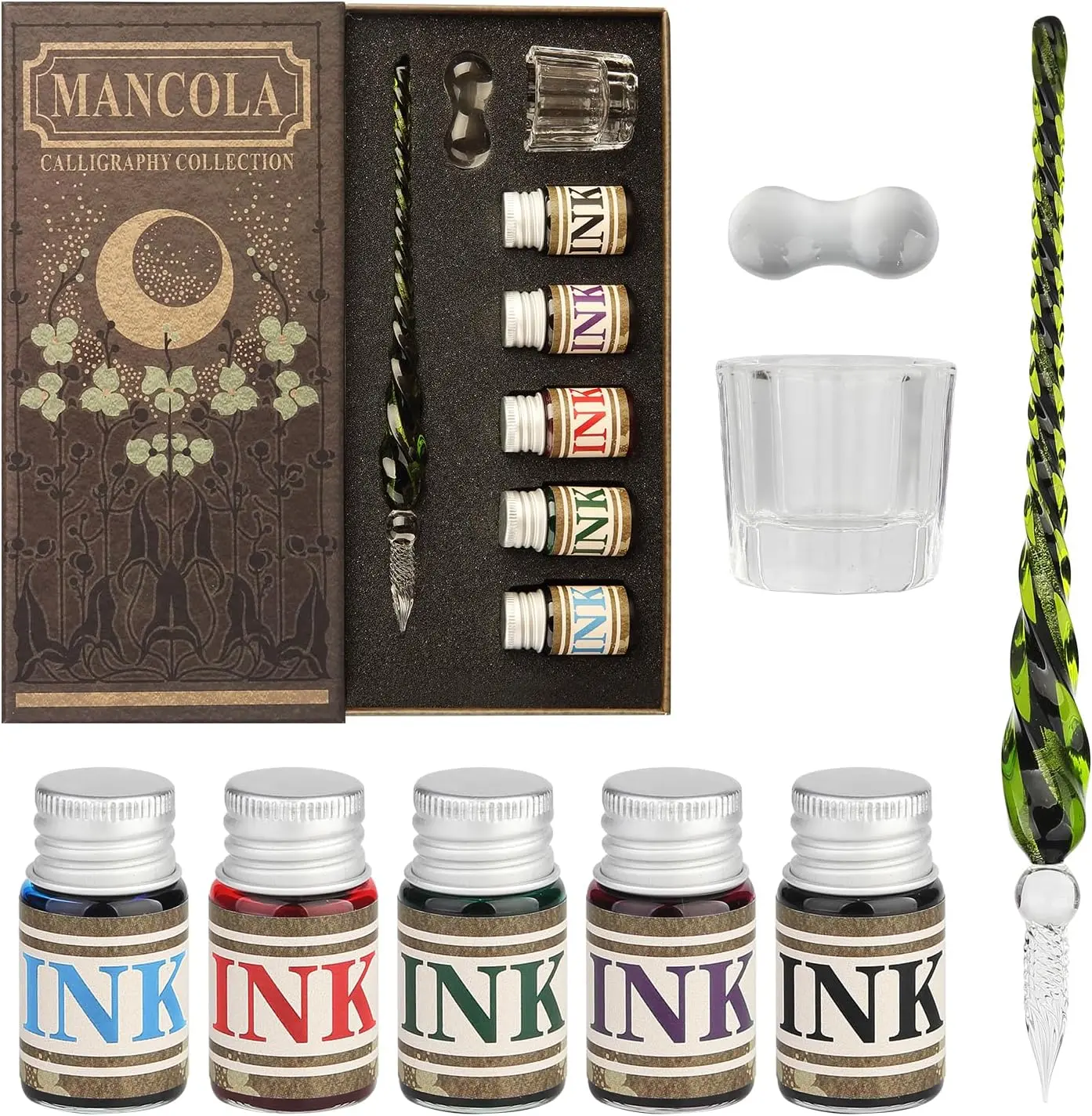 Mancola Glass Dipped Pen Ink Set Handmade Crystal Calligraphy Pen with 5 Colorful India Ink,1 Pen Holder,1 Cleaning Cup Ink Drip Tool Signatures, Drawing, Decoration, Calligraphy Kits for Beginners