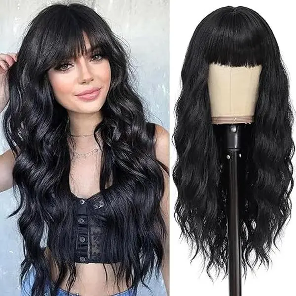Long Wavy Black Hair Wig for Women, 26 Inch Heat Resistant Synthetic Full Wig with Bangs, Natural Looking Glueless for Daily Use, Glueless Wigs