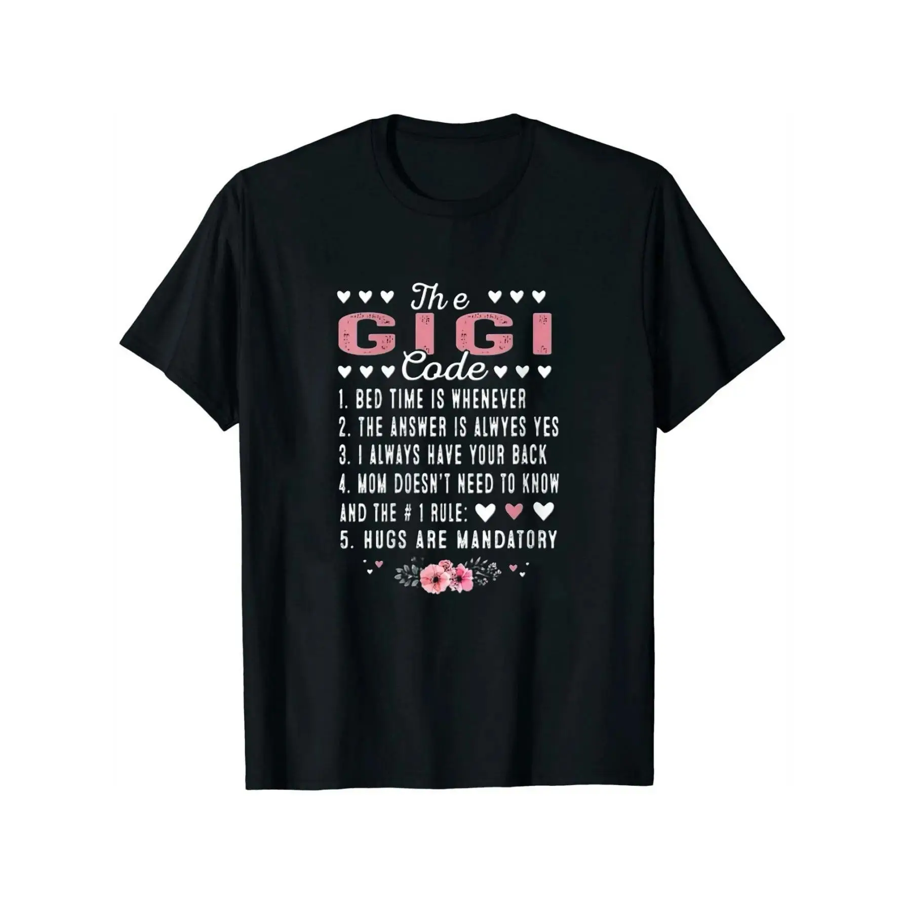 Women's Soft Everyday Short-Sleeve Funny Grandma T-Shirt - Retro Gigi Code Prints, Heart & Gigi Saying, Quality Fabrics - Casual All-Season Gift for Mother's Day, Grandma Birthday - Black White Round Neck t0406