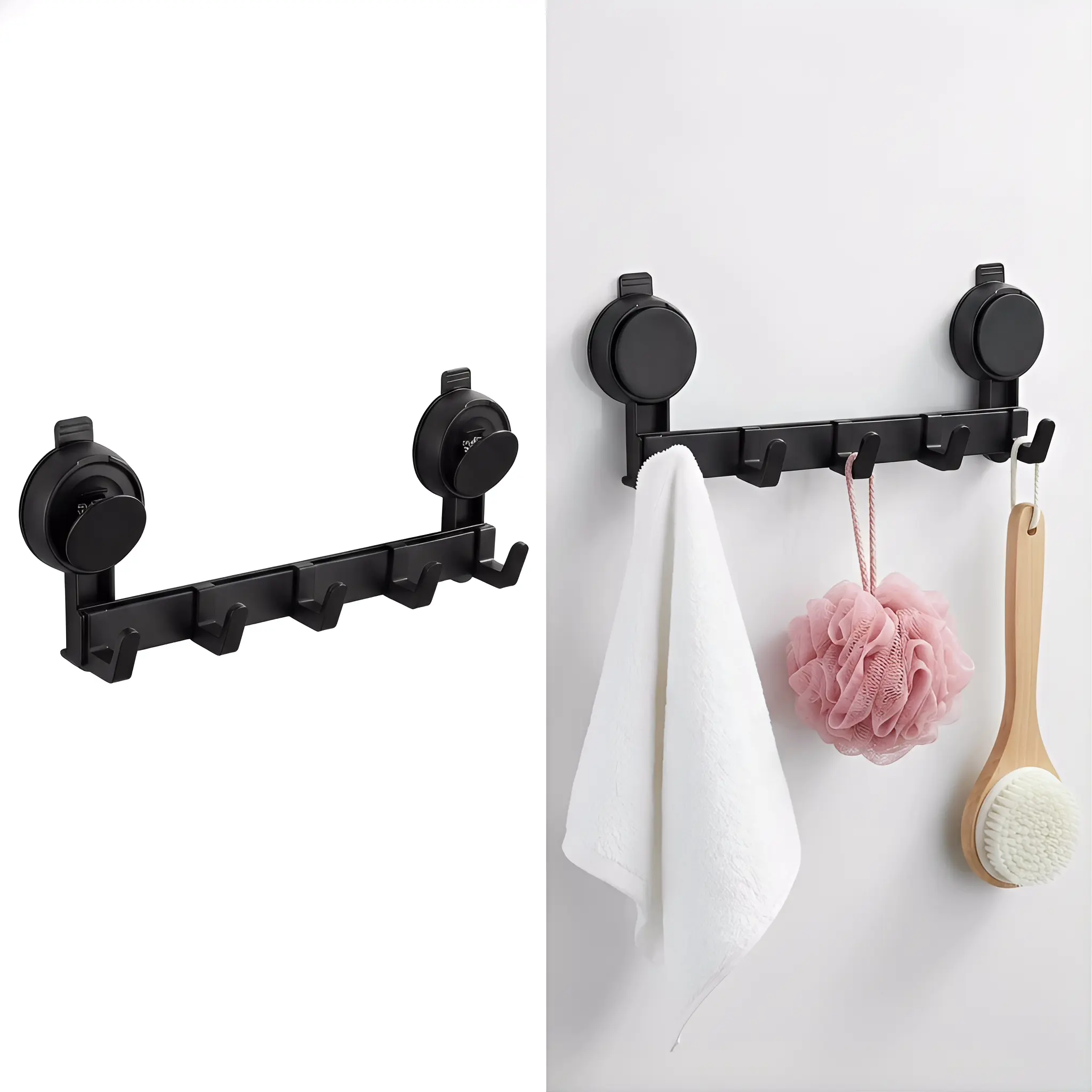 Contemporary 5-Hook Heavy Duty Black Strong Suction Cup Storage Hook Rack - No Drilling, Adjustable, Damage-Free, Removable Multi-Use Organizer, 100% Waterproof Indoor Wall-Mounted Towel & Coat Hanger for Bathroom Organizer Supplies, Renters, Tile Walls