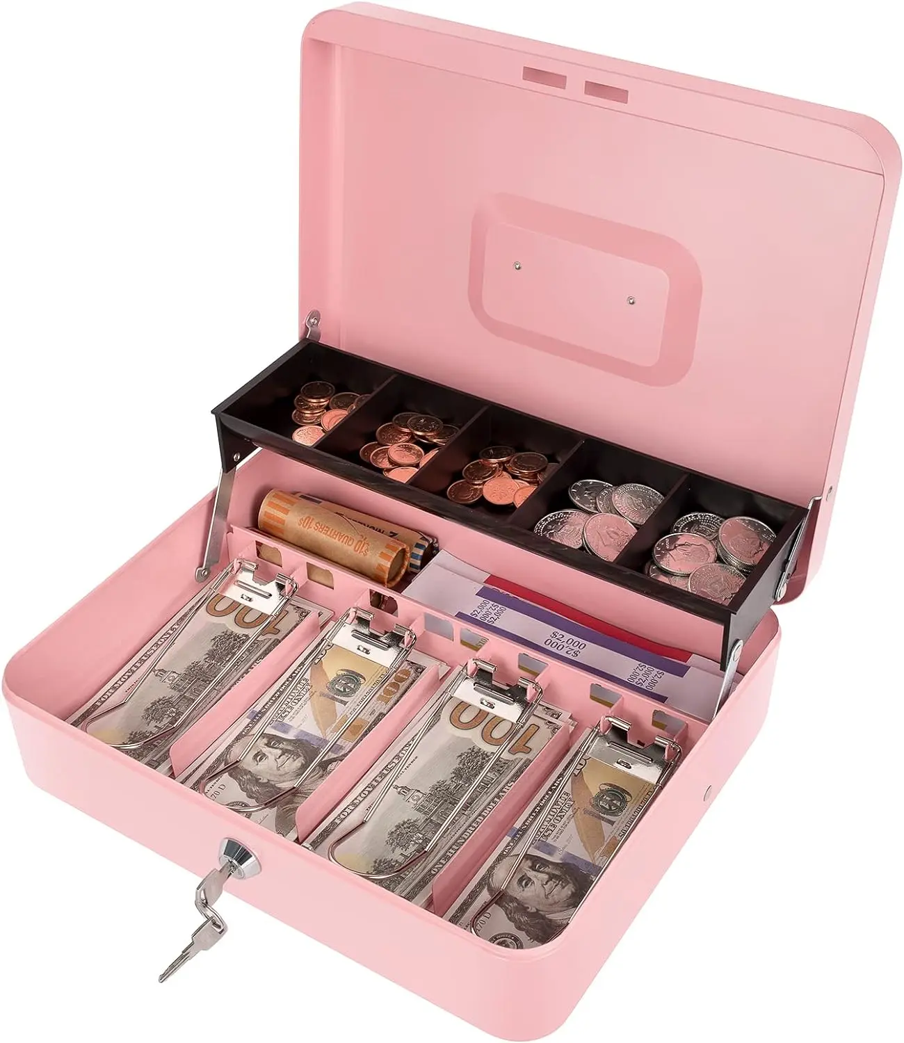Cash Box with Money Tray and Key Lock, Money Box with Safe Locking, Money Lock Box for Cash Register 11.8"x9.45"x3.54" Pink XL Large