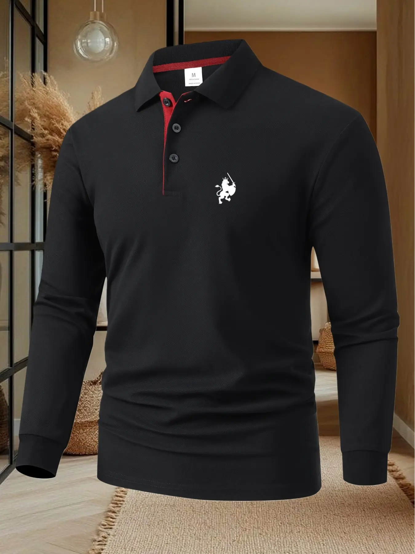 Men's Lion Knight Pattern Long Sleeve Polo Shirt, Autumn Winter Casual Business Comfortable Collared Top, Daily Wear Gift Idea