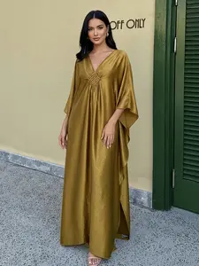Women's Metallic Batwing Sleeve Kaftan Dress, Elegant Long Sleeve V Neck Dress for Evening Formal, Ladies Clothes for All Seasons, Caftan