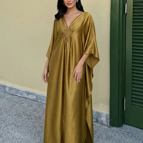 Women's Metallic Batwing Sleeve Kaftan Maxi Dress, Elegant Long Sleeve V Neck Caftan Dress for Evening Formal, Ladies Clothes for All Seasons, Kaftan Dresses