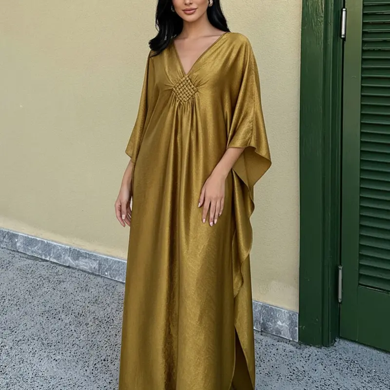 Women's Metallic Batwing Sleeve Kaftan Maxi Dress, Elegant Long Sleeve V Neck Caftan Dress for Evening Formal, Ladies Clothes for All Seasons, Kaftan Dresses
