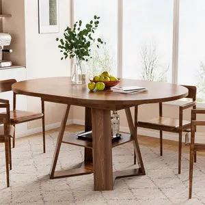 43.3in-59in Extendable Round Dining Table for 4-8,Modern Kitchen Oval Dining Table with Removable Leaves Space Saving,Wood Base with Storage Shelf for Kitchen Living Room