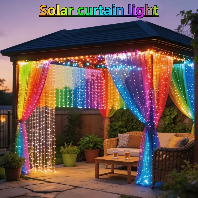 Upgraded Solar Powered Color Changing Outdoor Curtain Fairy Lights, 330LED 12-Adjustable LED Strip, IP65 Waterproof Durable Metal Structure, Auto-Glowing Ambient LED Mood Lights for Garden, Campfire-BBQ Party, Led Strip Outdoor