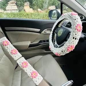 Crochet Car Steering Wheel Cover for Women, Girly Car Accessories for Interior Decoration, Car Interior Accessory, Flower Pattern Protective Cover for Car Steering Wheel & Seat Belt
