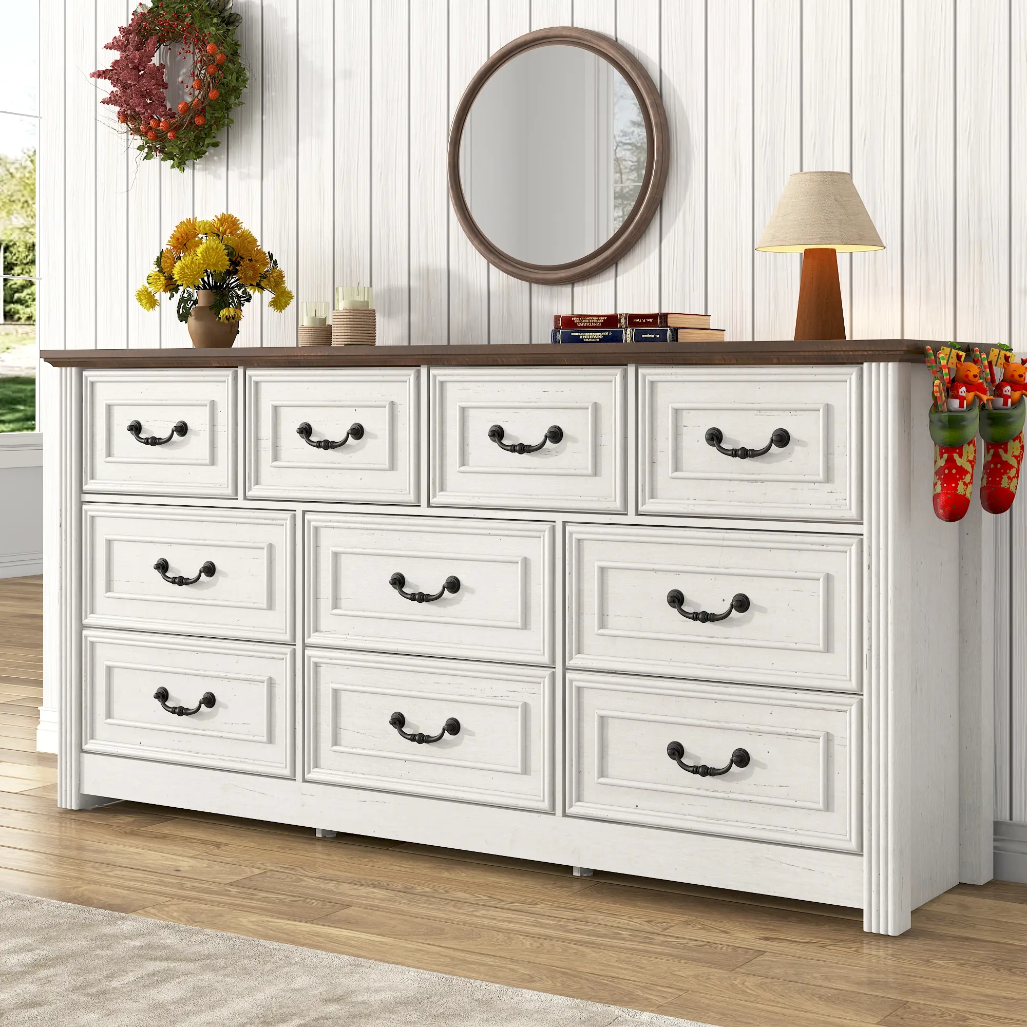 Retro Farmhouse Wooden Clothes Storage Cabinet - 63/47.2in, 10/7 Drawers Bedroom Dresser with Rustic Handles, DIY Room Storage Home Decor Indoor Furniture Organizer (Assembly Required)