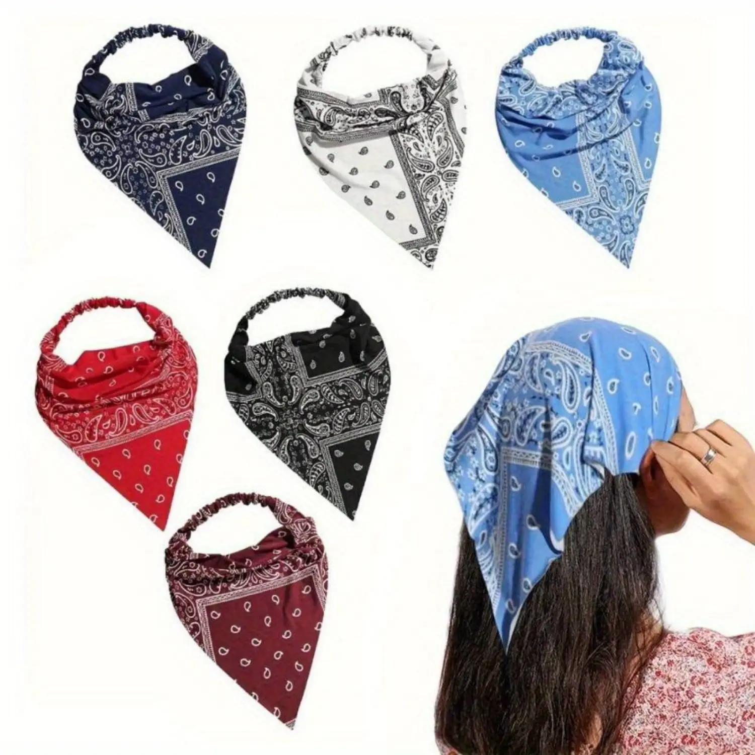 Women's 6-Pack Interchangeable Cotton Blend Sports Headbands - Elastic Hair Kerchiefs, Large Boho Triangle Bandana Scarves with Clips, Great for Workouts, Yoga, Running & Errands, Daily Wear & Boho-Inspired Look for Relaxed Days