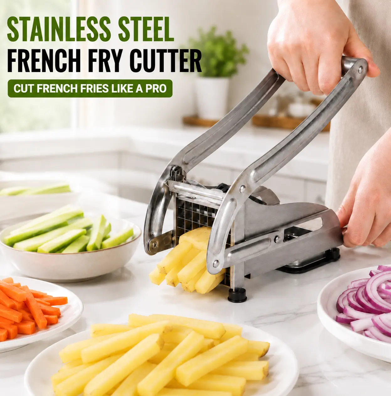 MIUVA Stainless Steel Fruit Cutter  Manual French Fry Cutter Potato Chipper with 36 and 46 Hole Blades Suction Cup Base for Potatoes Carrots Vegetables and Kitchen Food Prep