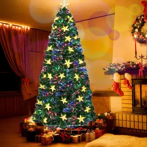 Pre-lit Fiber Optic Christmas Tree with Large Stars, Artificial Xmas Tree Spruce Tree Green Tree with Metal Stand,Full Tree for Holiday Decoration
