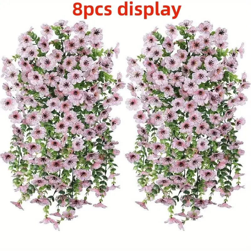 4/8-piece artificial eucalyptus and violet vine strips, hanging fake flowers, Artificial Flower Set, Artificial Faux Plants, used for outdoor garden decoration, UV-resistant, suitable for porch, courtyard, window and patio decoration (basket not included)