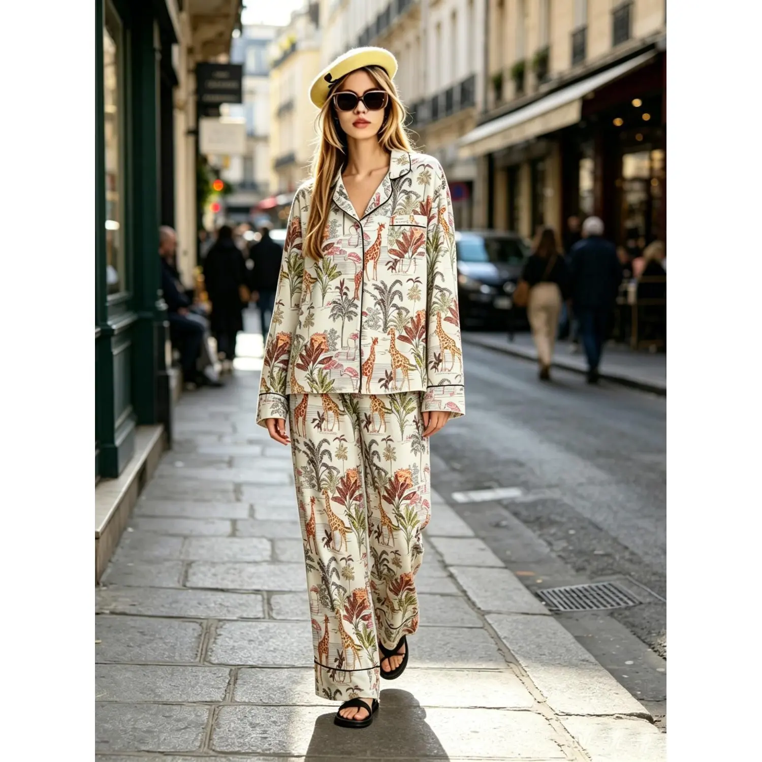Women'S 2pcs Pajama Set, Jungle Giraffe And Flamingo Print Long Sleeve Button-Up Shirt And Elastic Waist Long Pants, Lightweight Breathable Sleepwear, Casual Loungewear Suitable for Home And Street