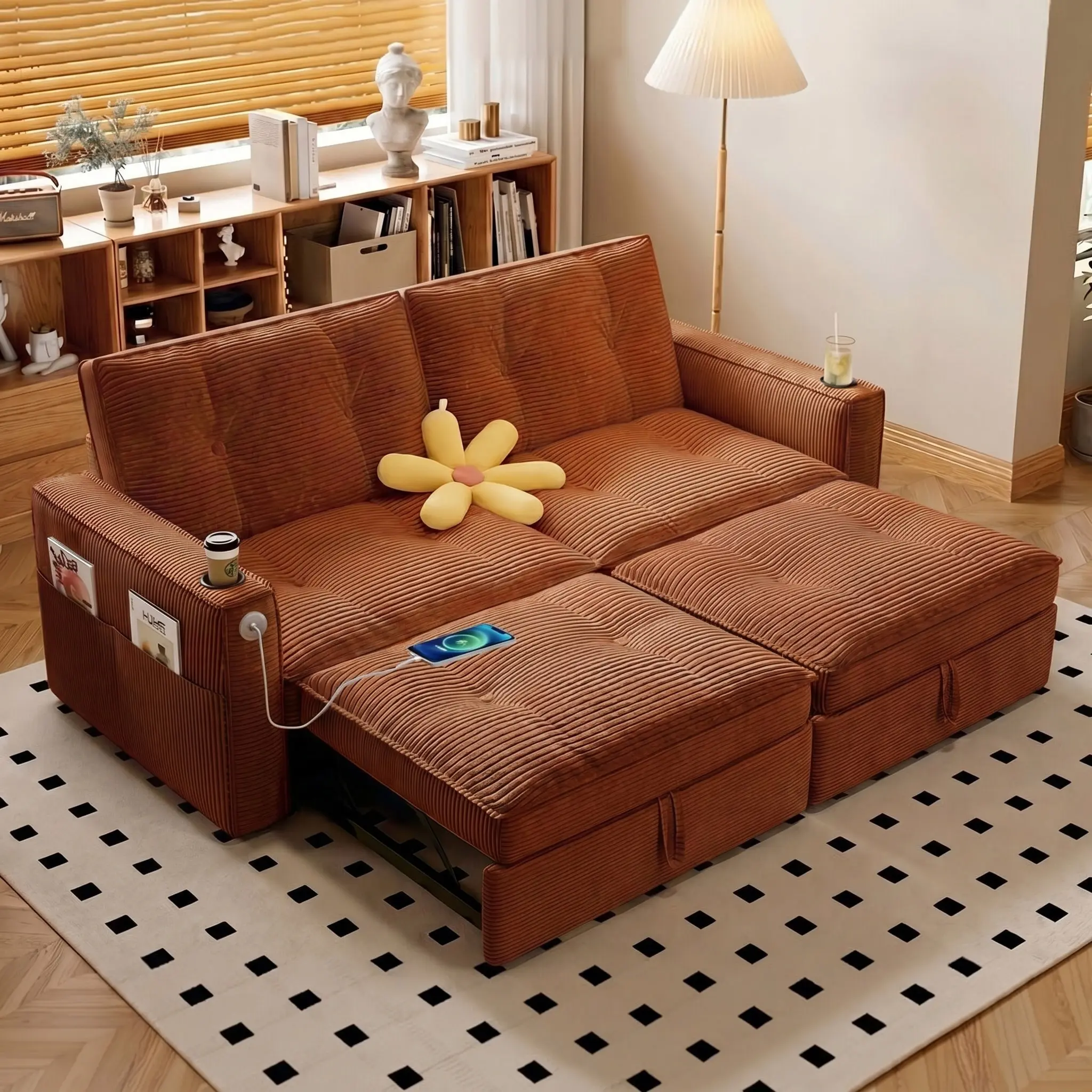 3-in-1 Retractable Futon Sofa Bed - Convertible Fold Out Loveseat Sleeper Couch with Multi-Pockets, Space-Saving Indoor Furniture for Living Room & Bedroom, Convertible Sofa Couch