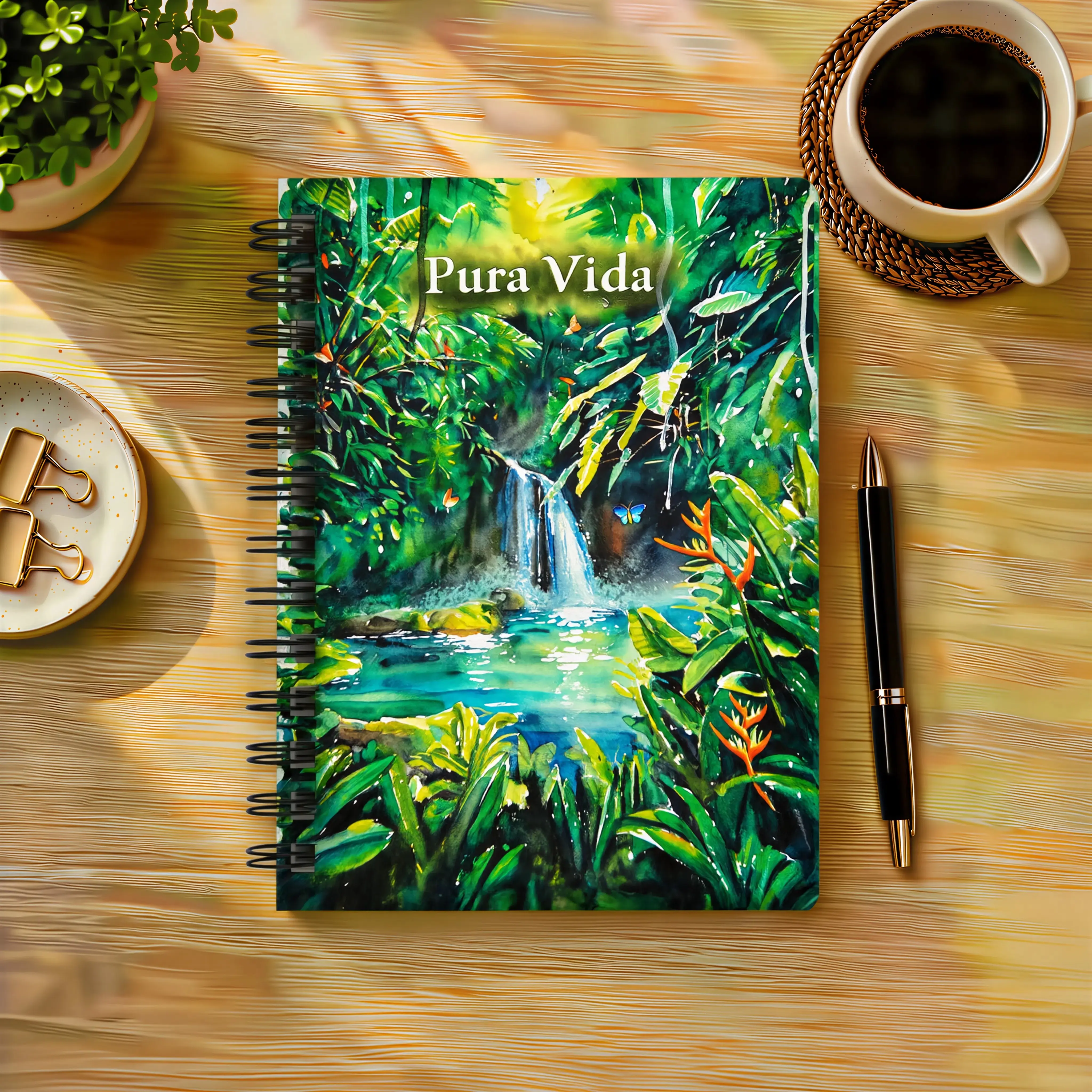 Costa Rica Rainforest Pura Vida Watercolor Spiral Journal — Waterfall Butterfly Jungle Notebook, Tropical Nature Travel Gift, Diary