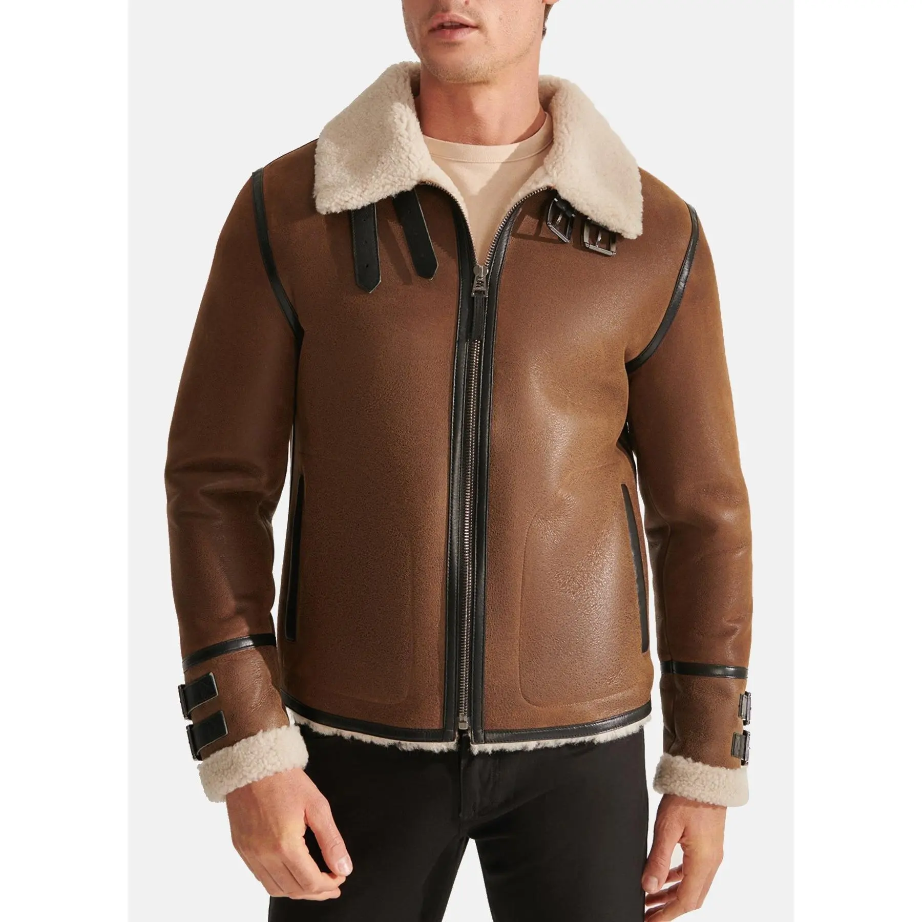 Mens Caramel Brown Shearling Leather Jacket