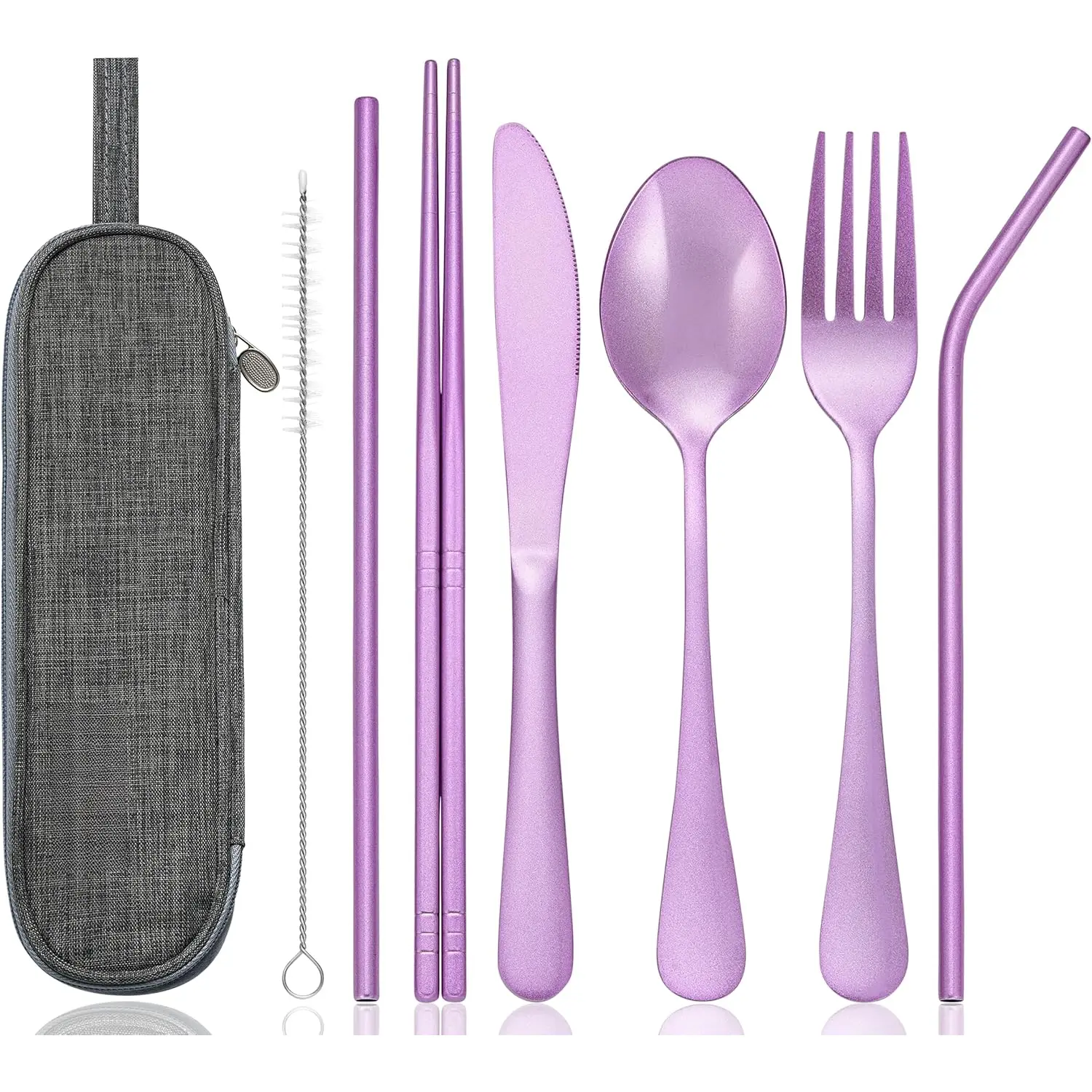 Portable Stainless Steel Flatware Set, Travel Camping Cutlery Set, Portable Utensil Travel Silverware Dinnerware Set with a  Case (Light Purple)