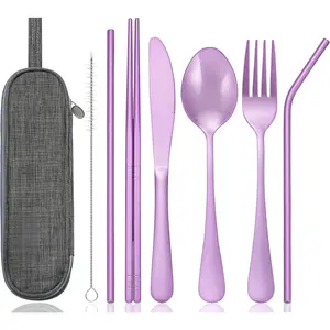 Portable Stainless Steel Flatware Set, Travel Camping Cutlery Set, Portable Utensil Travel Silverware Dinnerware Set with a  Case (Light Purple)